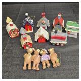 Wooden Bear & Village Christmas Ornaments
