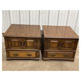 3 wood storage end tables, 2 square, 1 hexagonal.