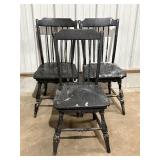 3 black painted wood chairs, spindle back, turned