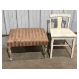 Antique vanity bench & wood chair, both show wear.