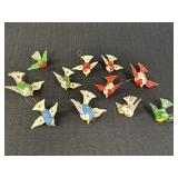 11 hand painted wood bird ornaments, 2-3in L