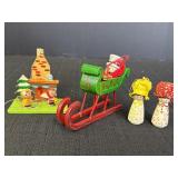 4 wood Christmas ornaments, sleigh is 5 x 3in