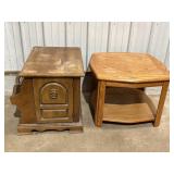 2 wood end tables, 1 w/storage & magazine rack,