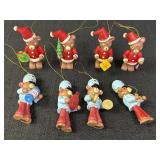 8 wood carved bear Christmas ornaments, 3in