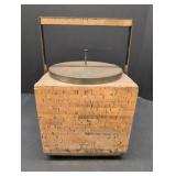 Vtg Cork Ice bucket w/ metal lid, handle & base