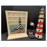 Framed Lighthouse picture, wood Sea Gull, Wooden