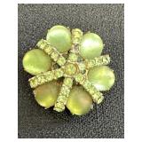 Frosted Green Glass & Rhinestone Brooch