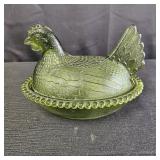 VTG Green Glass Hen on Nest Lidded Candy Dish