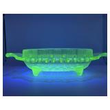 Uranium glass candy dish w/ handles & feet