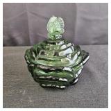 VTG Green Rose Fenton Glass Candy Dish w/