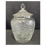 Clear glass daisy & leaf design cookie jar,
