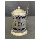 Silver-plated tea canister w/cobalt blue liner &