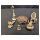 Misc brass items, can with candle, bell, rocking