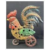 Metal rooster tea candle holder w/ wheels