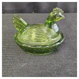 VTG Green Glass Hen on Nest Lidded Dish