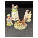 3 chicken/rooster resin figurines & ceramic bell,