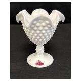 Fenton hobnail milk glass compote w/crimped