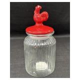 Clear glass canister w/ceramic red rooster lid,