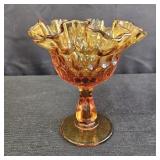 VTG Amber Glass Ruffled Thumbprint Compote