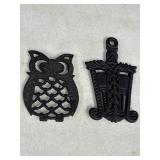 2 small cast trivets - owl, grain & tassel. 3in W