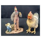 Wooden and resin rooster and chicken figurines