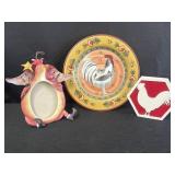 Rooster frame, dinner plate, & wooden decor