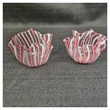 (2) Vinini Murando Pink & White Ribbon Glass Bowls