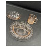 Pink Indiana Glass Nursery Rhyme Plate, Bowl, Mug