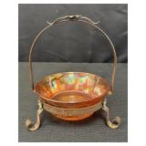 Marigold Carnival Glass Bowl in Metal Holder