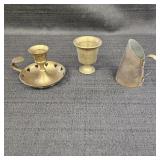 (3) Brass Items: Pitcher, Cup & Candlestick Holder