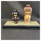 (2) Vintage Japanese Kokeshi Wooden Dolls on Stand