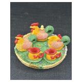 Miniature chicken motif tea set, 2in H.  4.5in