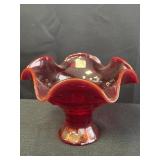 Red Viking glass crimped compote candy dish