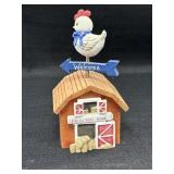 1995 Enesco musical wood barn w/chicken on top,