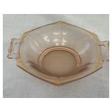 pink depression glass handled candy dish w/ gold