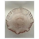 Pink opalescent glass bowl w/ windmill scene