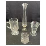 Floral etched glassware bud vase, footed coffee