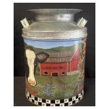 Decorative farm scene tin milk can on Silver Tree