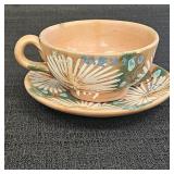 White/ Teal Floral Pottery Teacup & Saucer