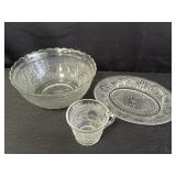 Glass sandwich plate, cup, & serving bowl set w/