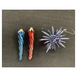 2 glass icicle Christmas ornaments & plastic or