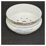 White Ceramic Soap Dish w/ Blue Floral & Gold Tone