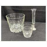Etched glass ice bucket, glass & bud vase w/pewter