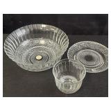 Crystal clear glass serving bowl, plate, & cup set