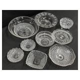 Variety of clear glass small bowls & plates,