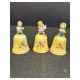 3 porcelain bells w/hand-painted figures of