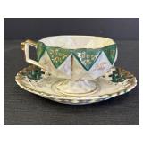 Lusterware Teacup & Saucer Green/White w/