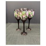 3 purple glass hand-painted pink rose wine glasses