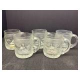 5 clear glass 3D Santa mugs, 4in H.  Libbey