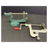 2 hand crank apple/potato corer, slicer, peelers.